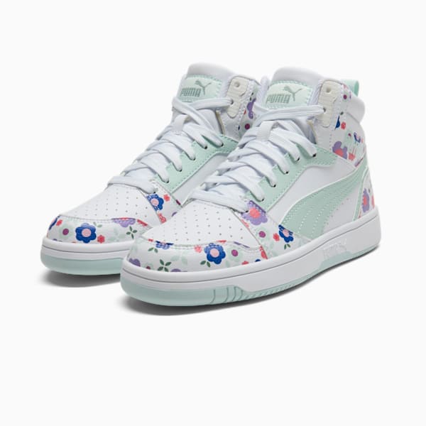 Tenis para niños PUMA Rebound V6 Mid Flower Garden, PUMA White-Peaceful Blue-Green Moon, extralarge