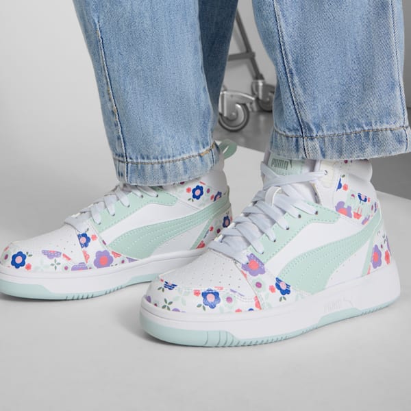 Tenis para niños PUMA Rebound V6 Mid Flower Garden, PUMA White-Peaceful Blue-Green Moon, extralarge