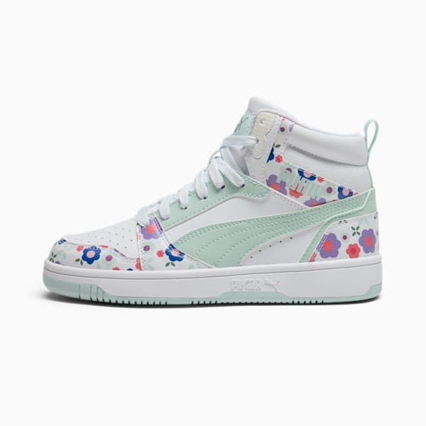 Tenis para niños PUMA Rebound V6 Mid Flower Garden, PUMA White-Peaceful Blue-Green Moon, extralarge