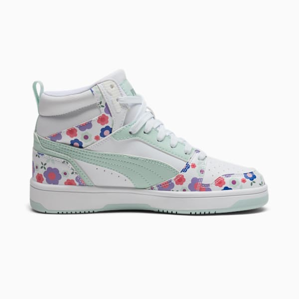 Tenis para niños PUMA Rebound V6 Mid Flower Garden, PUMA White-Peaceful Blue-Green Moon, extralarge