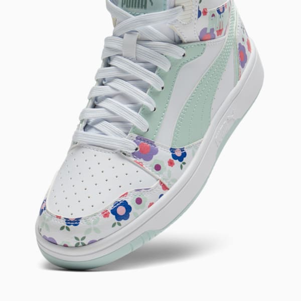 Tenis para niños PUMA Rebound V6 Mid Flower Garden, PUMA White-Peaceful Blue-Green Moon, extralarge