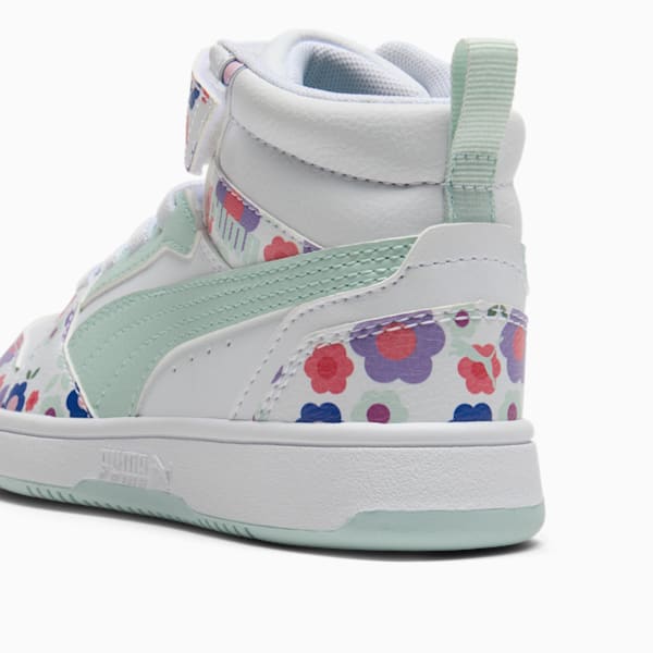 Tenis para niños PUMA Rebound V6 Mid Flower Garden, PUMA White-Peaceful Blue-Green Moon, extralarge
