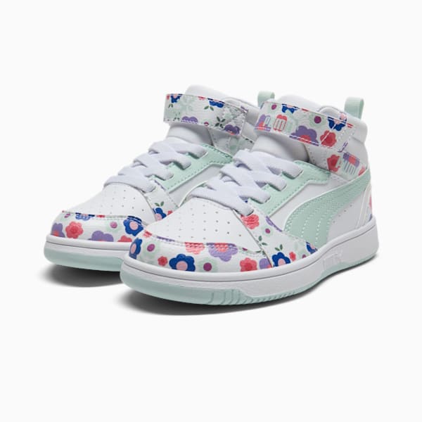 PUMA Rebound V6 Mid Flower Garden Little Kids' Sneakers, PUMA White-Peaceful Blue-Green Moon, extralarge
