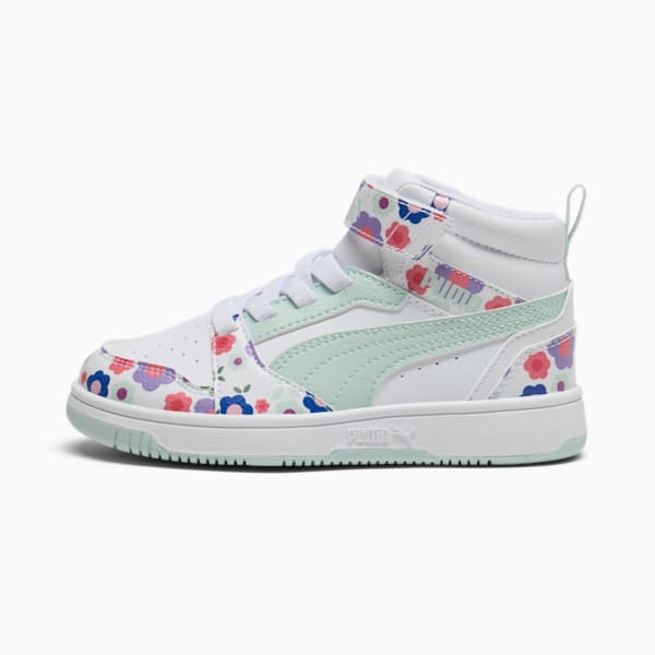 Tenis para niños PUMA Rebound V6 Mid Flower Garden, PUMA White-Peaceful Blue-Green Moon, extralarge