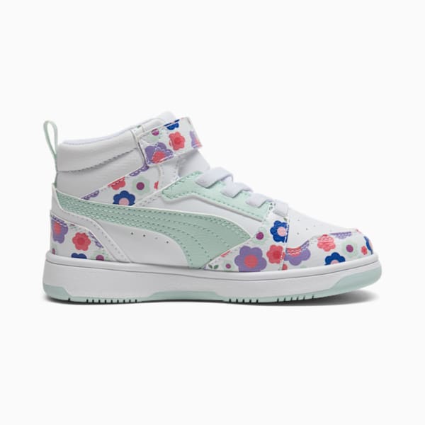 PUMA Rebound V6 Mid Flower Garden Little Kids' Sneakers, PUMA White-Peaceful Blue-Green Moon, extralarge