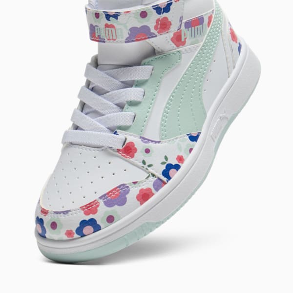 PUMA Rebound V6 Mid Flower Garden Little Kids' Sneakers, PUMA White-Peaceful Blue-Green Moon, extralarge