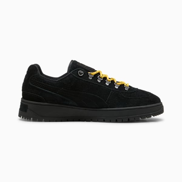 Black PUMA men's trainer with suede finish and yellow rope laces.