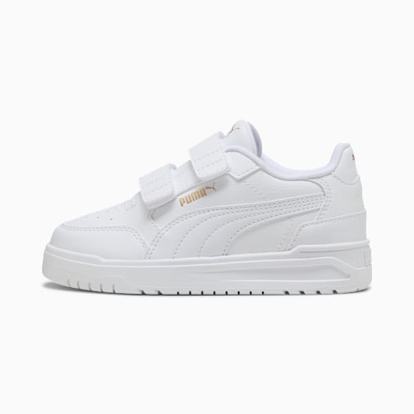 White PUMA trainer for kids with two hook-and-loop fasteners.