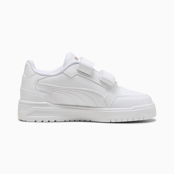 White PUMA trainer for kids with two hook-and-loop straps and synthetic leather upper.