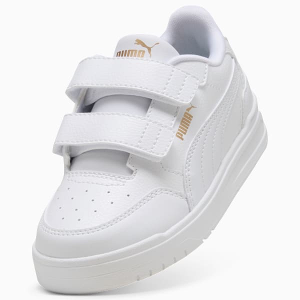 White PUMA trainer for kids with two hook-and-loop straps and gold logo.