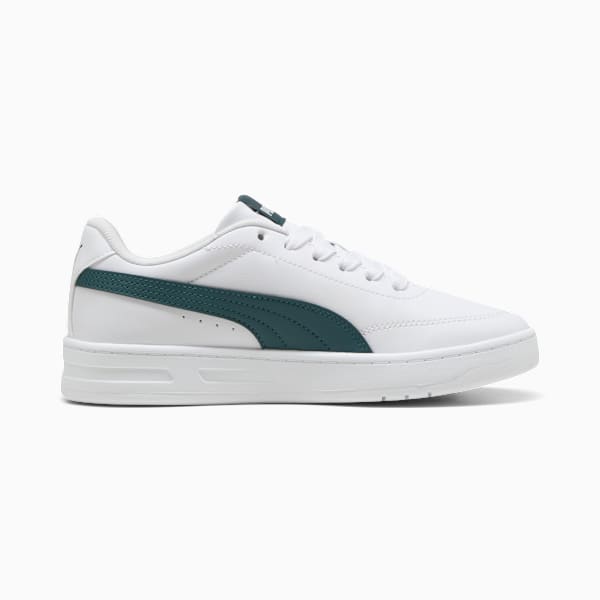 White PUMA trainer with a green side stripe and lace-up fastening.