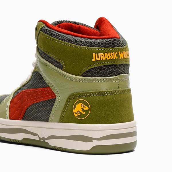 PUMA x JURASSIC WORLD Rebound Big Kids' Mid-Top Sneakers, Green Moss-Mars Red-Yellow Sizzle, extralarge