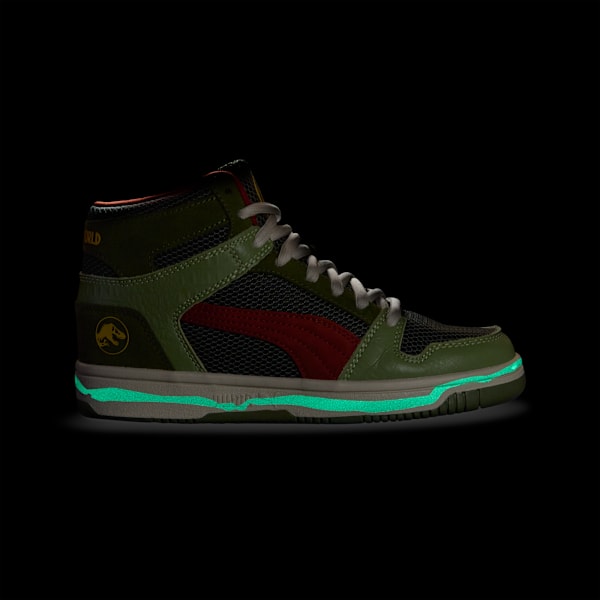 PUMA x JURASSIC WORLD Rebound Big Kids' Mid-Top Sneakers, Green Moss-Mars Red-Yellow Sizzle, extralarge