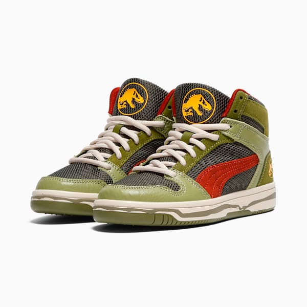 PUMA x JURASSIC WORLD Rebound Big Kids' Mid-Top Sneakers, Green Moss-Mars Red-Yellow Sizzle, extralarge