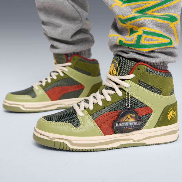 Tenis de cuello medio PUMA x JURASSIC WORLD Rebound para niños grandes, Green Moss-Mars Red-Yellow Sizzle, extralarge