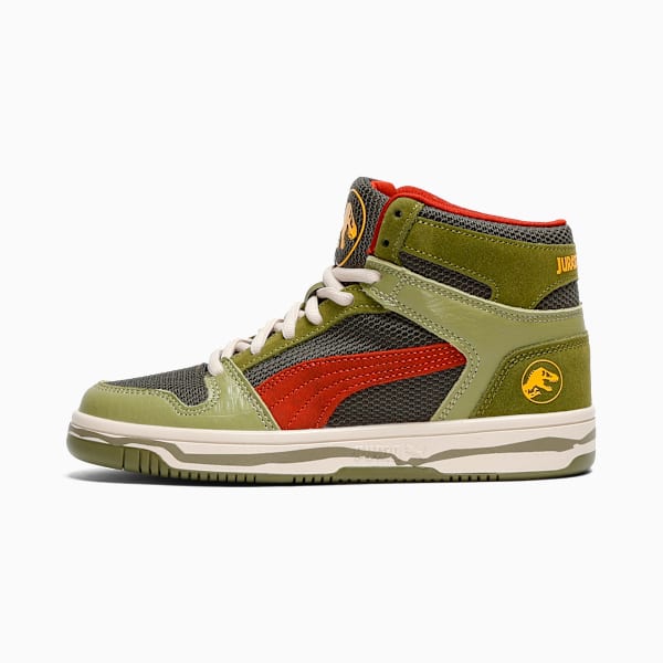 PUMA x JURASSIC WORLD Rebound Big Kids' Mid-Top Sneakers, Green Moss-Mars Red-Yellow Sizzle, extralarge
