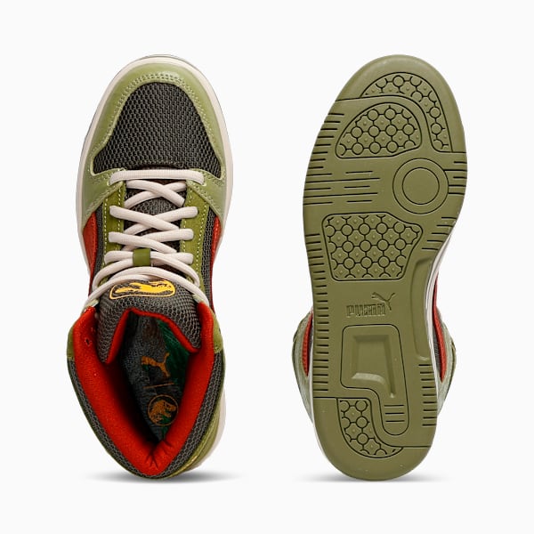 Tenis de cuello medio PUMA x JURASSIC WORLD Rebound para niños grandes, Green Moss-Mars Red-Yellow Sizzle, extralarge