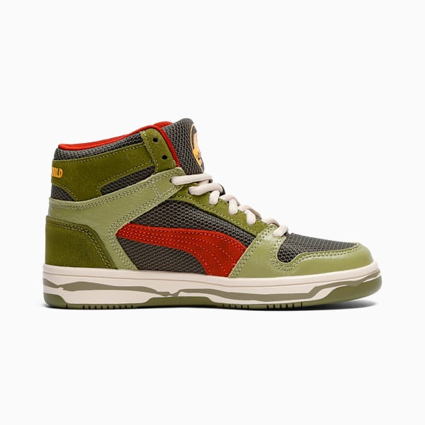 Tenis de cuello medio PUMA x JURASSIC WORLD Rebound para niños grandes, Green Moss-Mars Red-Yellow Sizzle, extralarge