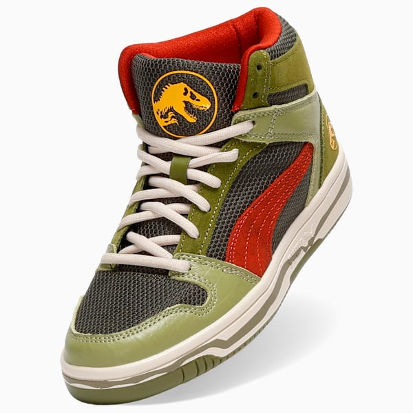 Tenis de cuello medio PUMA x JURASSIC WORLD Rebound para niños grandes, Green Moss-Mars Red-Yellow Sizzle, extralarge