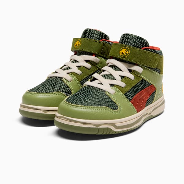 Tenis Easy On de cuello medio PUMA x JURASSIC WORLD Rebound para niños pequeños, Green Moss-Mars Red-Yellow Sizzle, extralarge