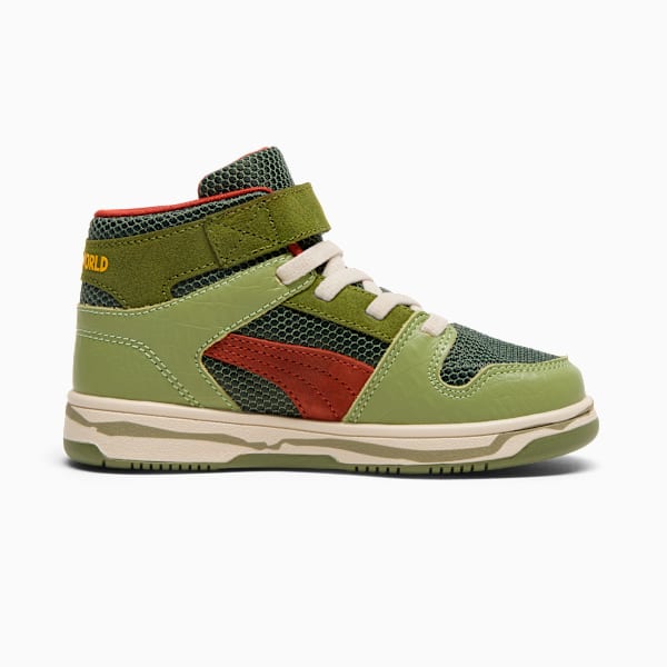 PUMA x JURASSIC WORLD Rebound Little Kids' Mid-Top Easy On Sneakers, Green Moss-Mars Red-Yellow Sizzle, extralarge