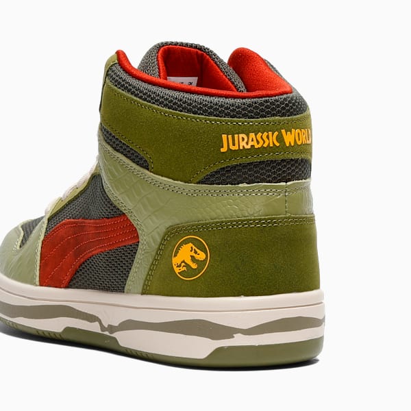 Tenis de cuello medio PUMA x JURASSIC WORLD Rebound Layup para hombre, Green Moss-Mars Red-Yellow Sizzle, extralarge