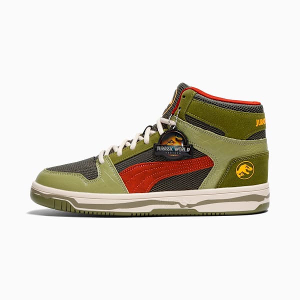 Tenis de cuello medio PUMA x JURASSIC WORLD Rebound Layup para hombre, Green Moss-Mars Red-Yellow Sizzle, extralarge