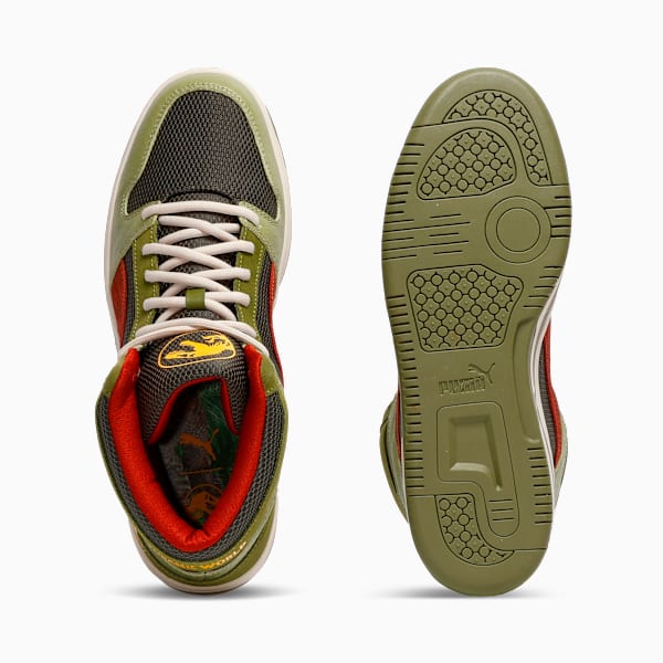 Tenis de cuello medio PUMA x JURASSIC WORLD Rebound Layup para hombre, Green Moss-Mars Red-Yellow Sizzle, extralarge