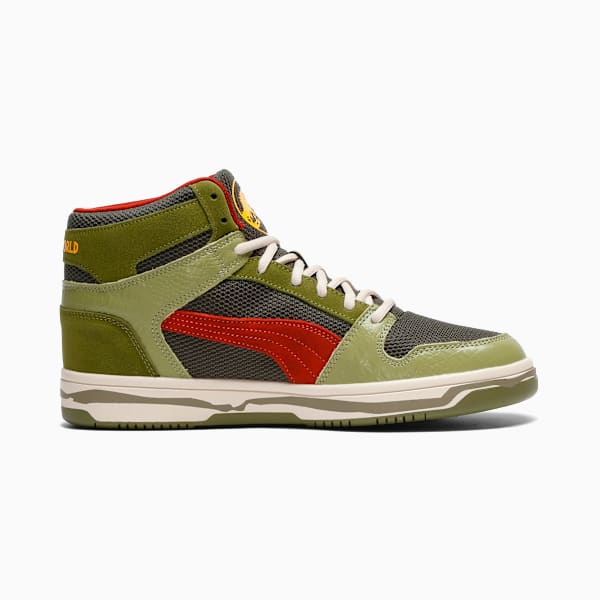 PUMA x JURASSIC WORLD Rebound Layup Men's Mid-Top Sneakers, Green Moss-Mars Red-Yellow Sizzle, extralarge