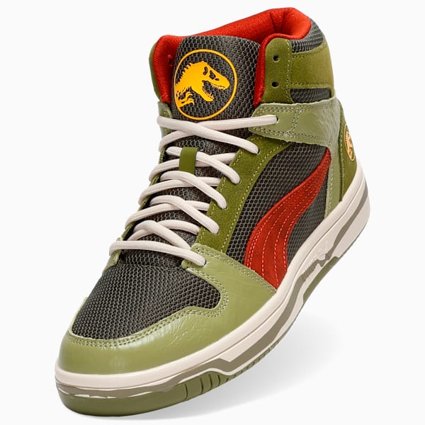 Tenis de cuello medio PUMA x JURASSIC WORLD Rebound Layup para hombre, Green Moss-Mars Red-Yellow Sizzle, extralarge