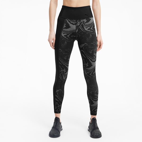 Metallic High Waist Flatlock Stitching Women's Training Leggings, Puma Black-Marble Print, extralarge-IND