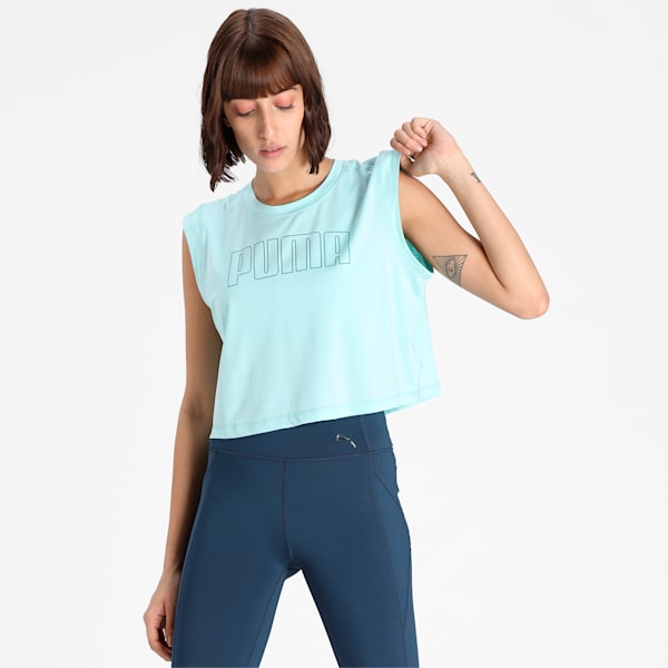 Logo Cap Sleeve Relaxed Fit Women's Training T-Shirt, Eggshell Blue-'PUMA' outline, extralarge-IND