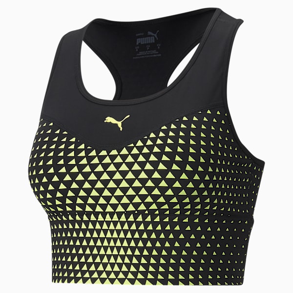 Graphic Women's Mid Impact Long Line Bra, Puma Black-SOFT FLUO YELLOW-Diamond Print, extralarge