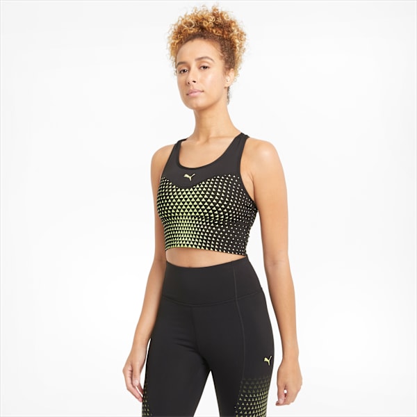 Graphic Women's Mid Impact Long Line Bra, Puma Black-SOFT FLUO YELLOW-Diamond Print, extralarge