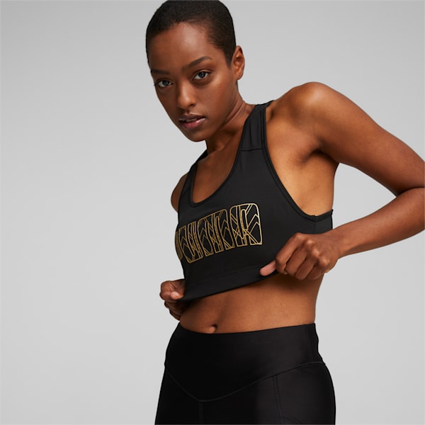 4Keeps Women's Graphic Mid Impact Bra, Puma Black-Team Gold PUMA