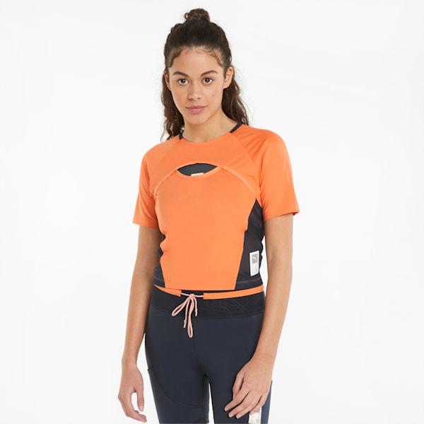 ウィメンズ ランニング FIRST MILE クロップ 半袖 Tシャツ, Deep Apricot-Dark Slate