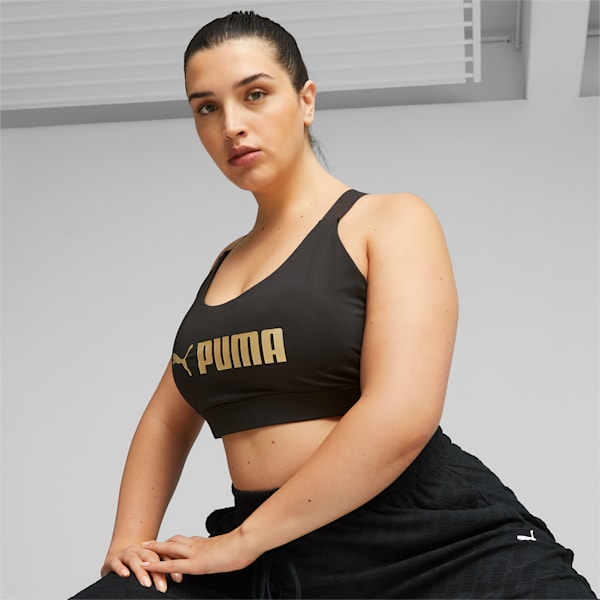 PUMA Fit Women's Mid Impact Sports Bra, PUMA Black-PUMA Gold, extralarge