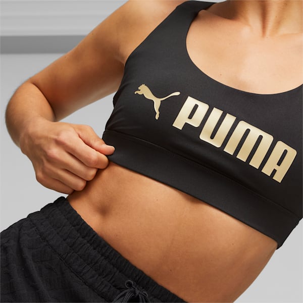 PUMA Fit Women's Mid Impact Sports Bra, PUMA Black-PUMA Gold, extralarge