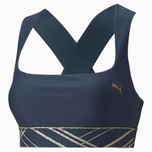 Mid Impact Deco Glam Women's Sports Bra, Marine Blue-deco glam, extralarge