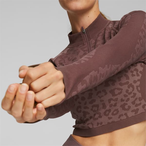 Seamless Cropped 1/4 Zip Training Sweatshirt Women, Dusty Plum-leopard print
