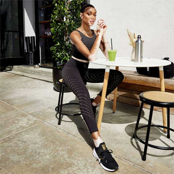 FOREVER Luxe Graphic Training Leggings Women, Puma Black-Deco Gold print, extralarge-IND