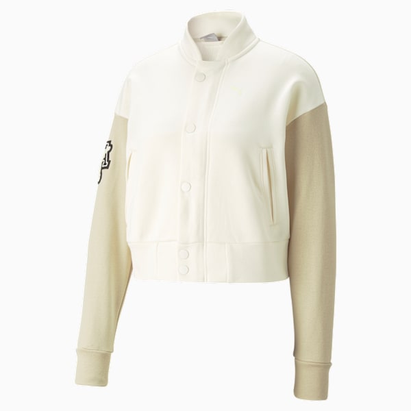 PUMA x OLIVIA AMATO Women's Varsity Jacket, Frosted Ivory-Granola, extralarge