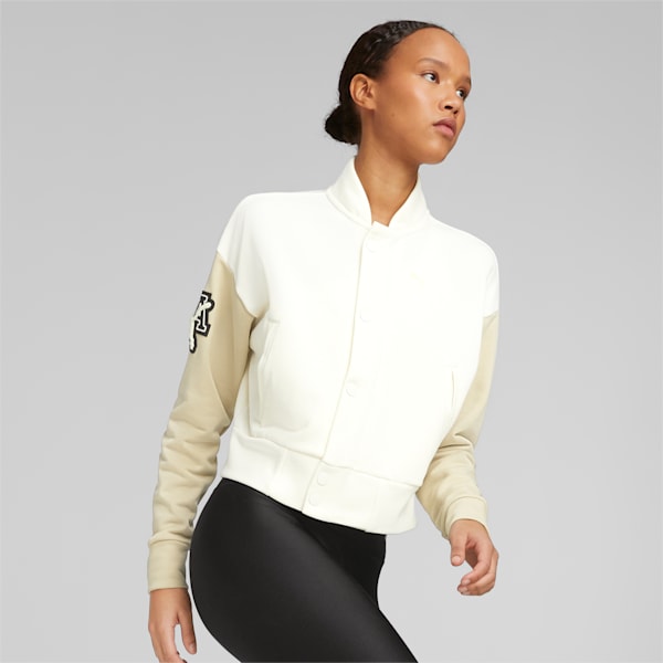 PUMA x OLIVIA AMATO Women's Varsity Jacket, Frosted Ivory-Granola, extralarge