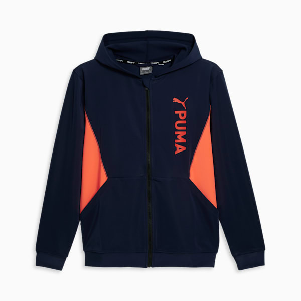 Sudadera con gorra y cierre completo de punto doble PUMA Fit Hombre, PUMA Navy-Neon Sun, extralarge