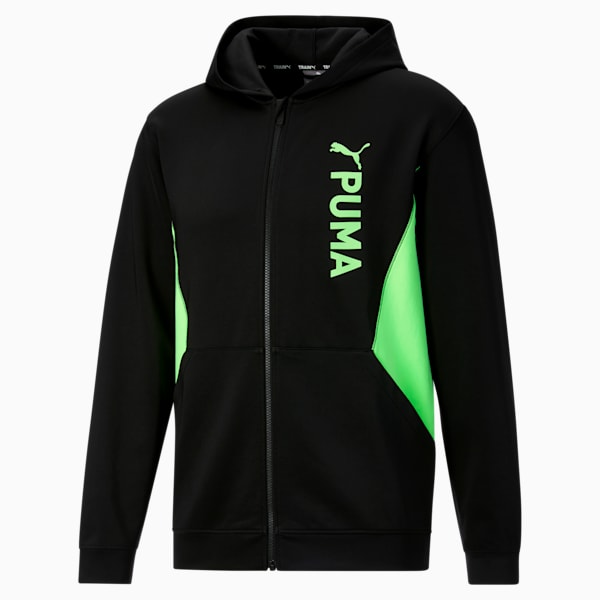 PUMA Fit Double Knit Men's Full-Zip Hoodie, PUMA Black-Speed Green, extralarge