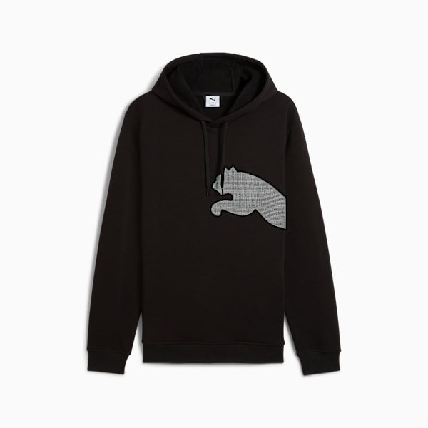 Black PUMA hoodie for adults with a grey jumping cat graphic on the chest.