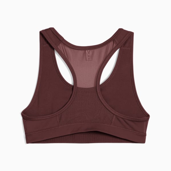 Burgundy PUMA training bra for women with racerback and ribbed detailing.