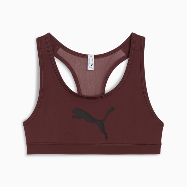 Burgundy PUMA women's sports bra with a racerback design and a black logo on the front.