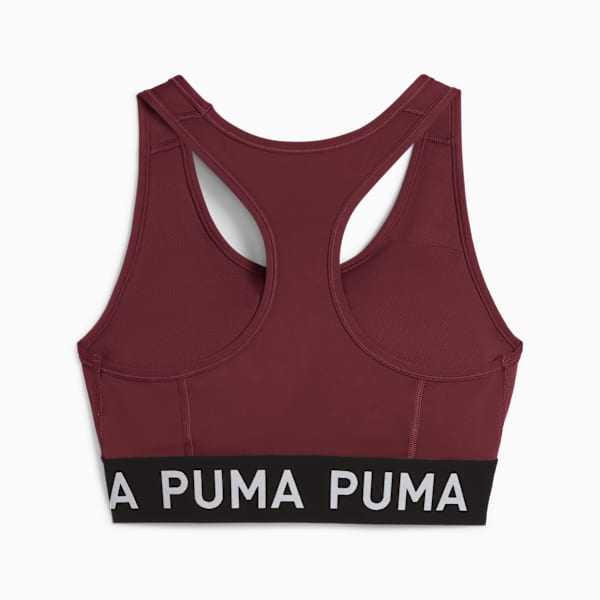 Burgundy PUMA sports bra for women with racerback and branded underband.