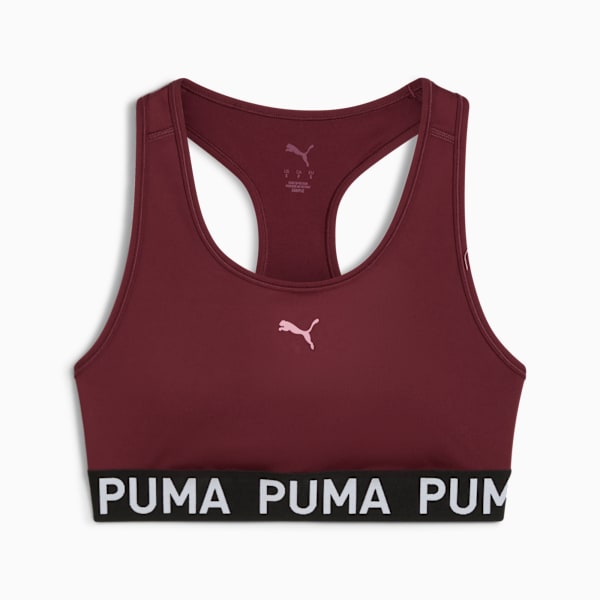 Burgundy PUMA sports bra, women's, with black branded underband and racerback design.